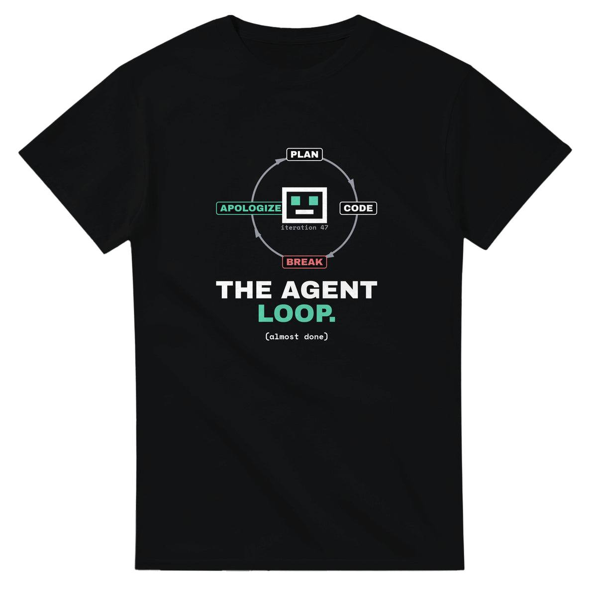 Black t-shirt printed with a cycle diagram reading plan, code, break, apologize around a pixel robot on iteration 47, above the words The Agent Loop. almost done