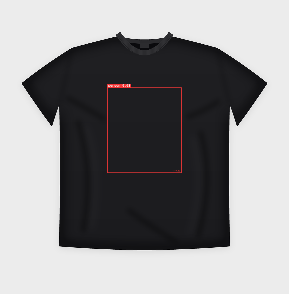 Black t-shirt printed with a thin red detection box framing the chest and a red label tag reading person 0.62