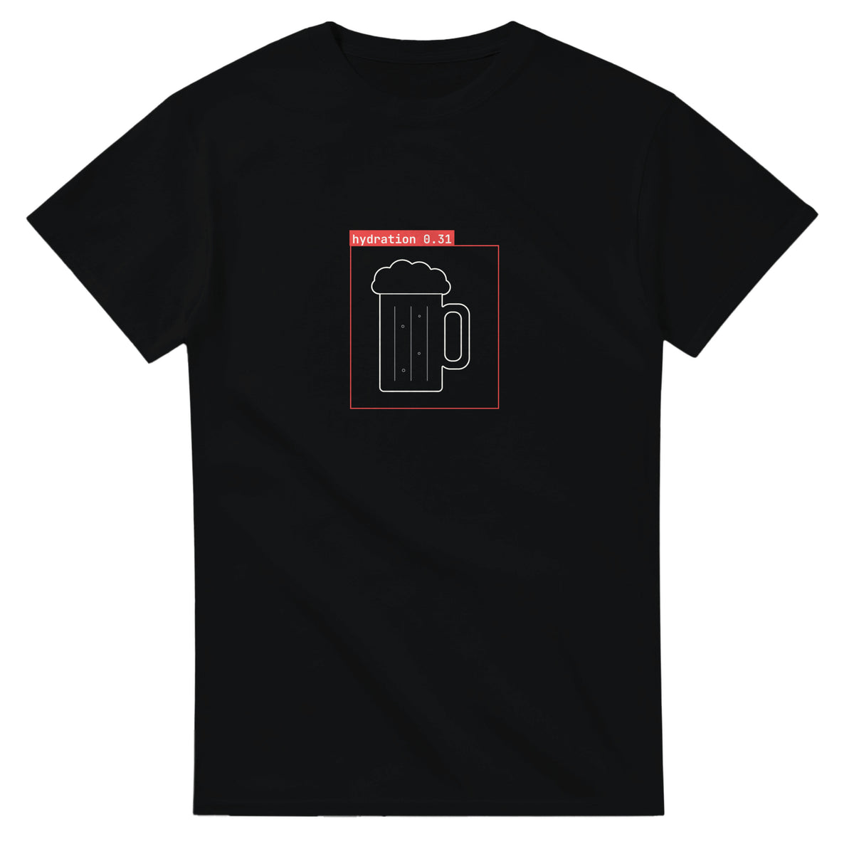 Black t-shirt printed with a white line-drawn beer mug with foam inside a thin red detection box with a red label tag reading hydration 0.31